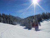 In der Ferne erblicken wir die tief verschneiten Dachstein Gipfel